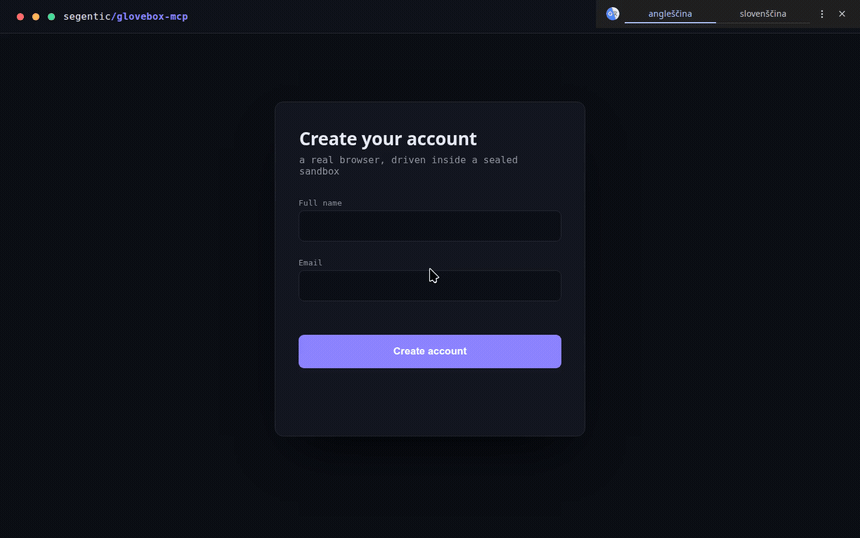 An AI agent filling a sign-up form inside the sandbox — cursor, unicode typing, submit